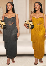 Fashion Sexy Low Back Fringed Maxi Dress Women's Strappy Gown