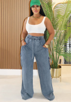 Casual Drawstring Denim Pants Women's  Wide-Leg Cargo Trousers