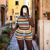 Women Style Contrast Striped Cutout Vest and Bodycon Shorts Knitting Beach Holidays Two-Piece Set