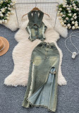 Turn Down Collar Distressed Denim Halter Top Slit Skirt Set