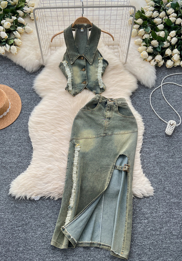 Turn Down Collar Distressed Denim Halter Top Slit Skirt Set