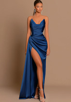 Autumn Chic Sexy Deep V Slim Waist Satin Slit Dress