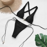 Solid Black Deep V Lace-Up Low Back Bikini Set