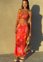 Gradient Print Strapless Low-Rise Bikini with Mesh Skirt 3-Piece Set Gradient Print Strapless Low-Rise Bikini with Mesh Skirt 3-Piece Set