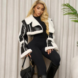 Autumn High Street PU Leather Patchwork Fur Collar Cropped Jacket