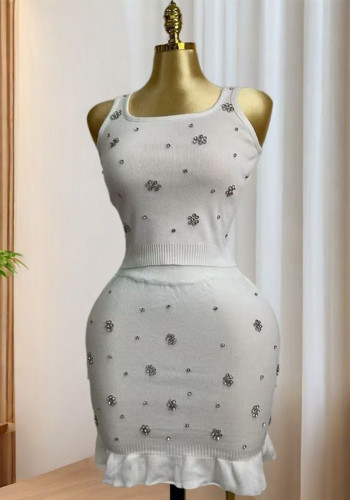 Autumn Elegant White Beaded Knit Tank Top + Mini Skirt Set