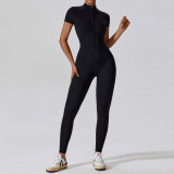 Round Neck Zipper Short Sleeve Quick Dry Slim Fit Women's Jumpsuit