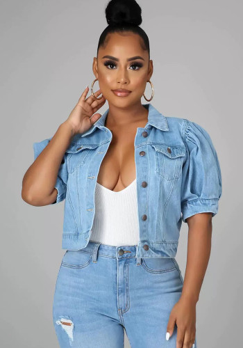 Denim Jacket Puff Sleeves Women's 3/4 Sleeve Coat