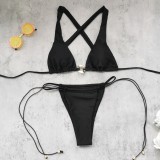 Solid Black Deep V Lace-Up Low Back Bikini Set