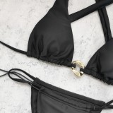 Solid Black Deep V Lace-Up Low Back Bikini Set