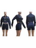 Casual Stretch Denim Long Sleeve Jacket & Shorts 2-Piece Set