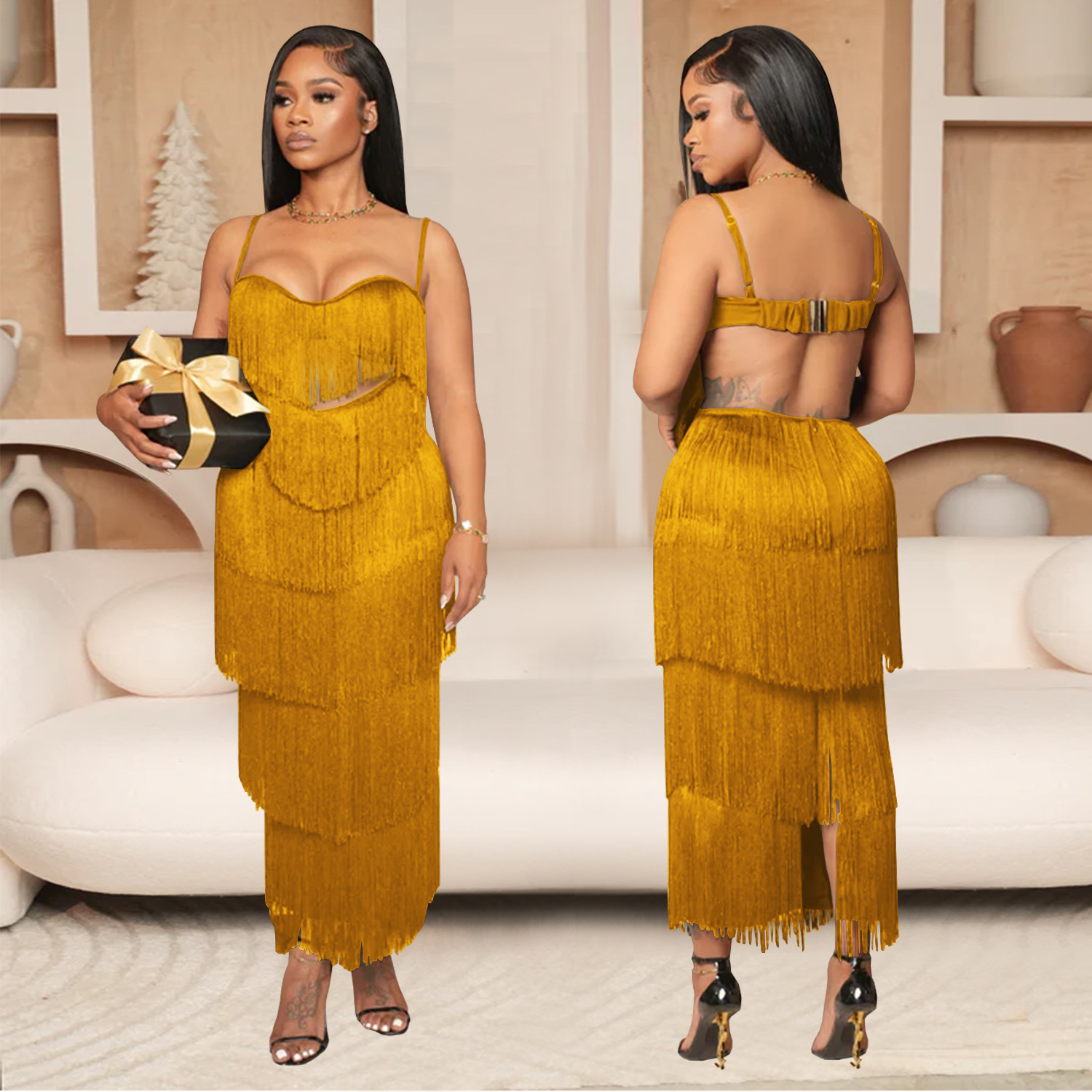 Fashion Sexy Low Back Fringed Maxi Dress Women's Strappy Gown