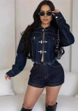 Casual Stretch Denim Long Sleeve Jacket & Shorts 2-Piece Set