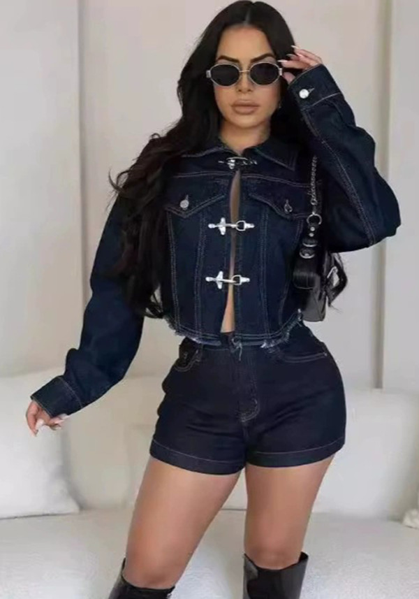 Casual Stretch Denim Long Sleeve Jacket & Shorts 2-Piece Set