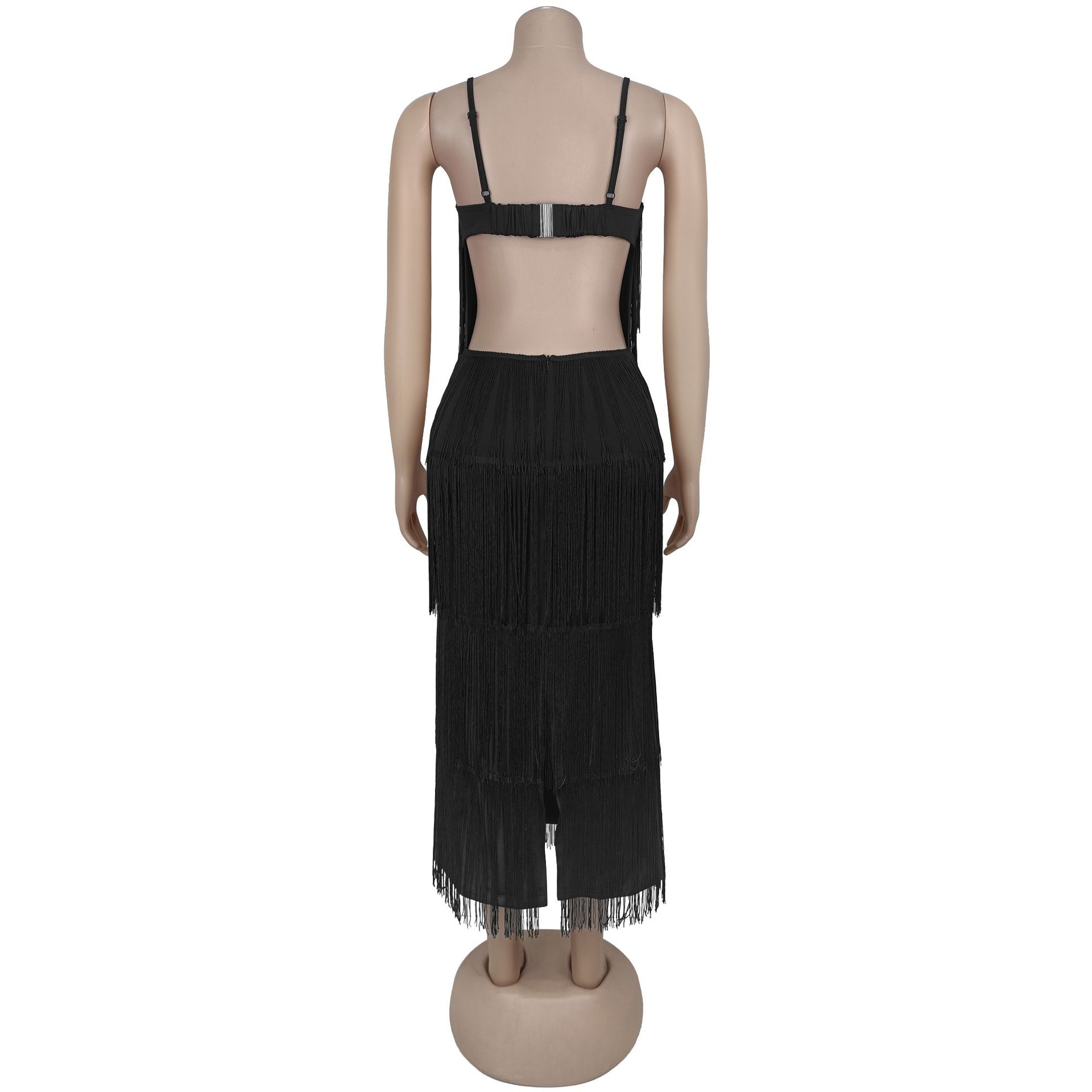 Fashion Sexy Low Back Fringed Maxi Dress Women's Strappy Gown