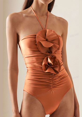 Solid Color Tie-Front One-Piece Bikini with Flower