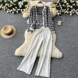 Fall Winter Maze Pattern Cardigan Tank Pants Knit Set