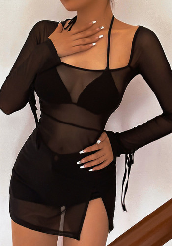 See-Through Mesh Long Sleeve Dress Sexy Beach Cover Up