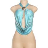 Fashion Shell Metal Buckle Tie Halter Neck Low Back Lace-Up Top