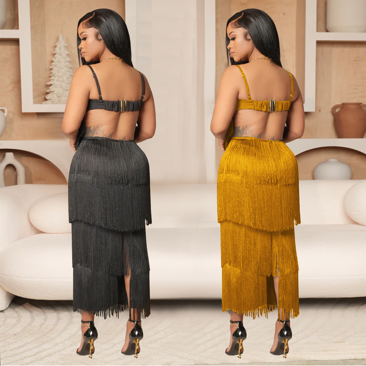 Fashion Sexy Low Back Fringed Maxi Dress Women's Strappy Gown