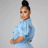 Denim Jacket Puff Sleeves Women's 3/4 Sleeve Coat