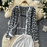 Fall Winter Maze Pattern Cardigan Tank Pants Knit Set