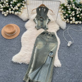 Turn Down Collar Distressed Denim Halter Top Slit Skirt Set