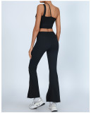 Yoga Set One Shoulder Bra Top High Waist Butt Lifting Flared Pants Set