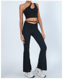 Yoga Set One Shoulder Bra Top High Waist Butt Lifting Flared Pants Set