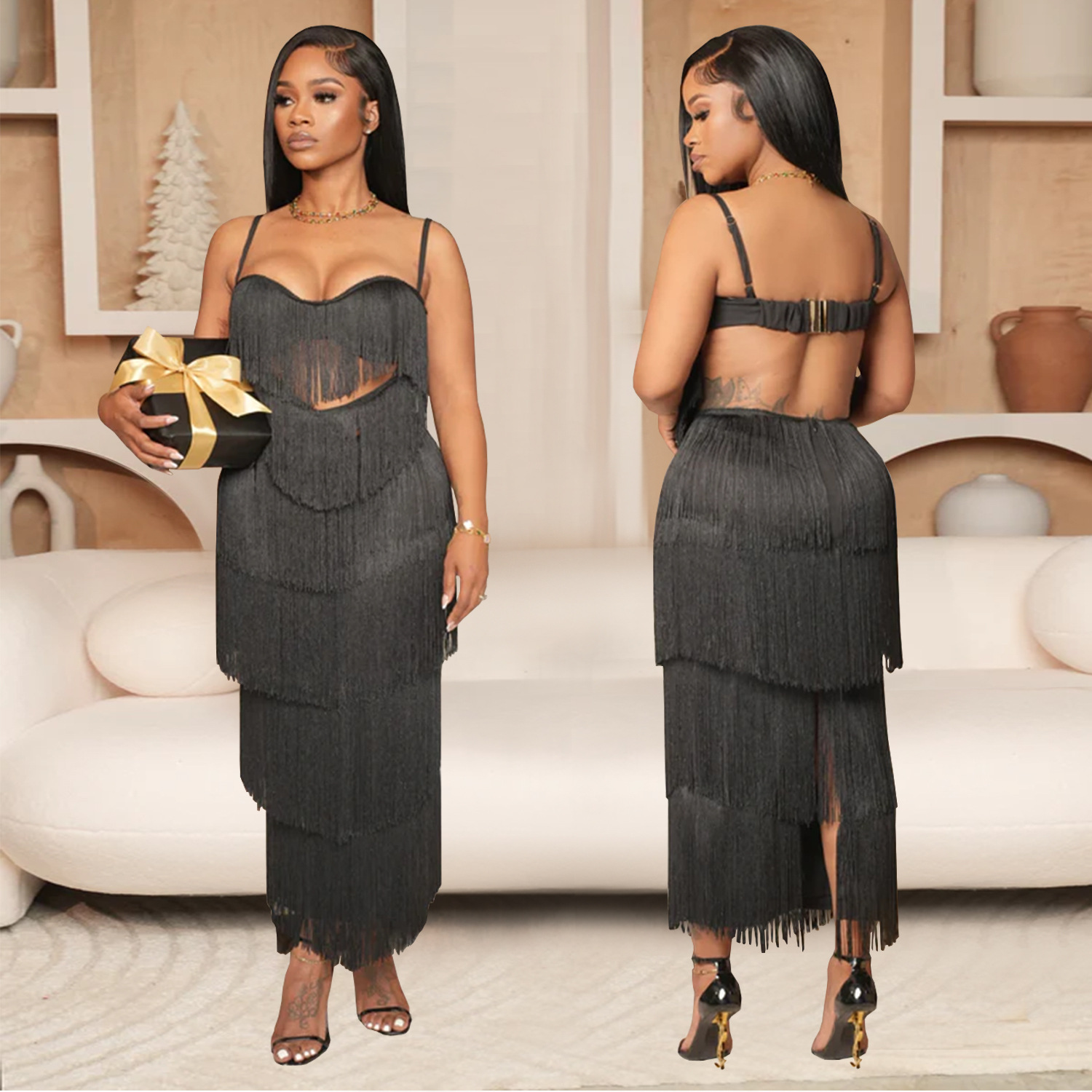 Fashion Sexy Low Back Fringed Maxi Dress Women's Strappy Gown