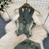 Turn Down Collar Distressed Denim Halter Top Slit Skirt Set