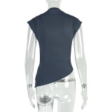 Women Solid Pleated Turtleneck Asymmetrical Top Casual T-Shirt