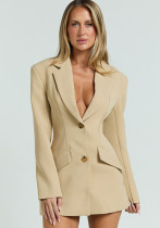 Slim Waist Office Chic Deep V Button Up Blazer Dress