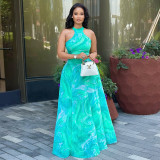 Women Career Print Street Style Round Neck Pleated Sleeveless Maxi Dress