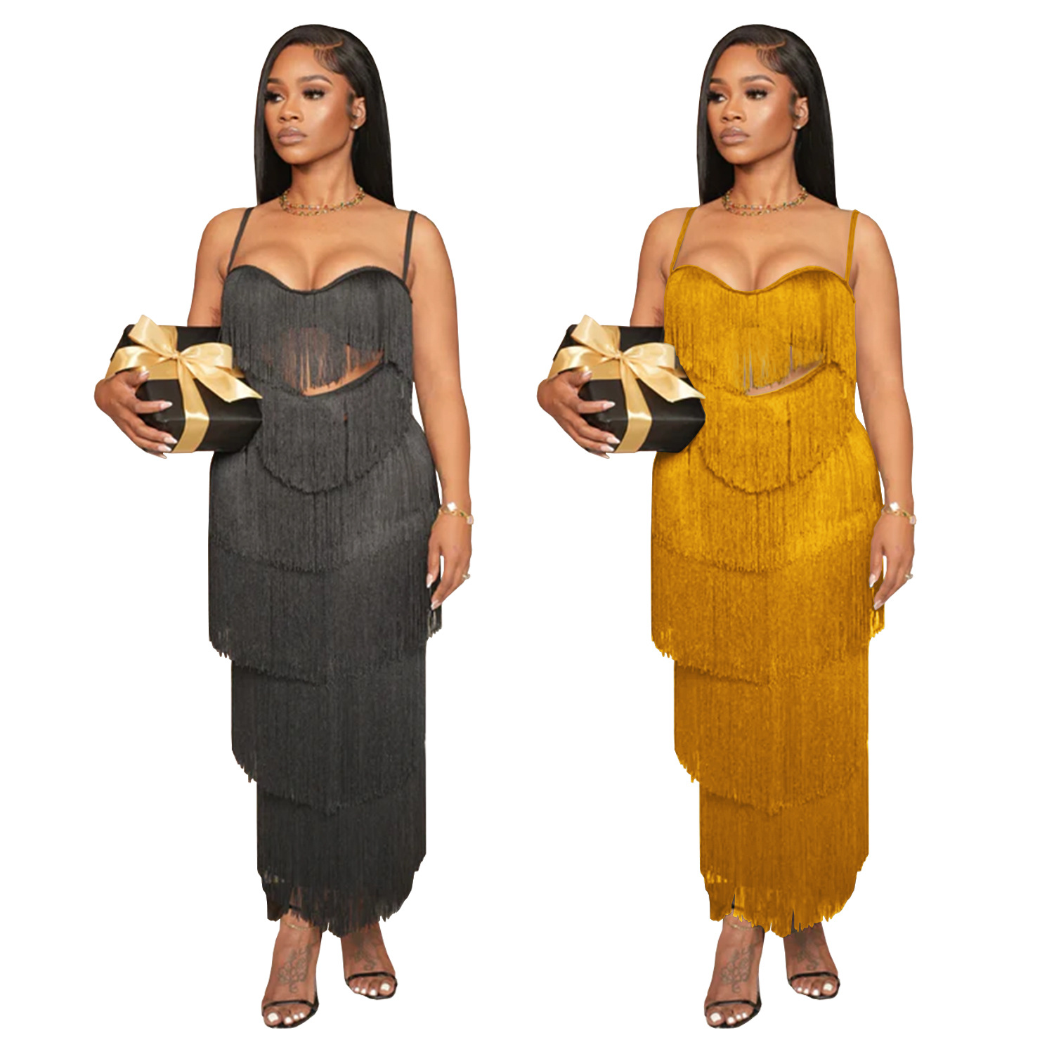 Fashion Sexy Low Back Fringed Maxi Dress Women's Strappy Gown