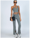 Yoga Set One Shoulder Bra Top High Waist Butt Lifting Flared Pants Set