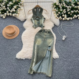 Turn Down Collar Distressed Denim Halter Top Slit Skirt Set