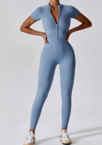 Round Neck Zipper Short Sleeve Quick Dry Slim Fit Women's Jumpsuit