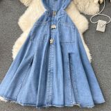 Sleeveless Turn Down Collar Sheer Waist Cut Out Denim Dress