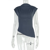 Women Solid Pleated Turtleneck Asymmetrical Top Casual T-Shirt
