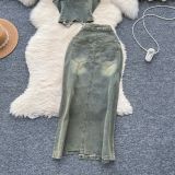 Turn Down Collar Distressed Denim Halter Top Slit Skirt Set