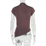 Women Solid Pleated Turtleneck Asymmetrical Top Casual T-Shirt