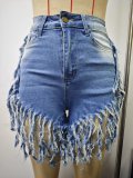 Women trendy sexy tassel button-down denim shorts
