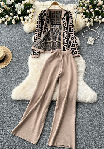 Fall Winter Maze Pattern Cardigan Tank Pants Knit Set