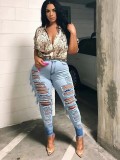 High Stretch Waist Ripped Denim Pants Women's Tight-Fitting Skinny Jeans