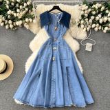Sleeveless Turn Down Collar Sheer Waist Cut Out Denim Dress
