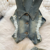 Turn Down Collar Distressed Denim Halter Top Slit Skirt Set