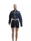 Casual Stretch Denim Long Sleeve Jacket & Shorts 2-Piece Set
