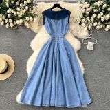 Sleeveless Turn Down Collar Sheer Waist Cut Out Denim Dress