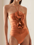 Solid Color Tie-Front One-Piece Bikini with Flower